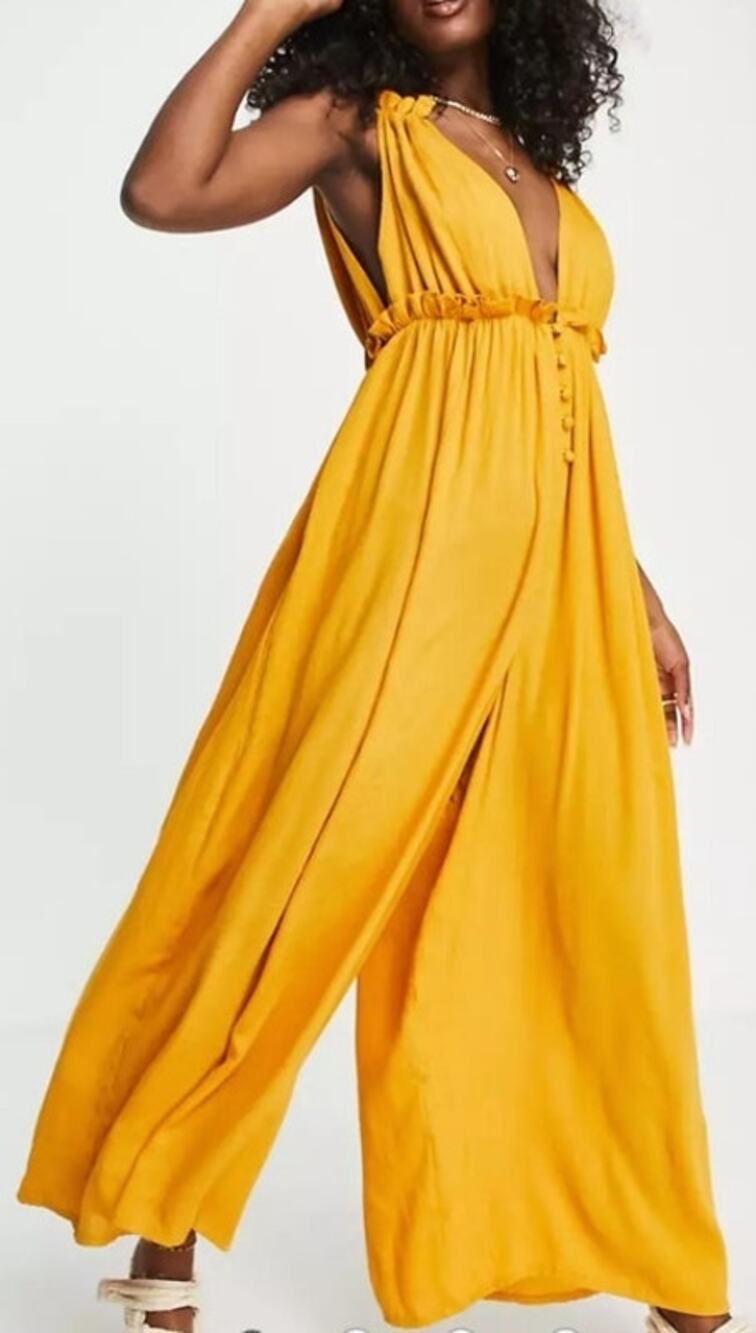Asos Orange/Mustard Yellow Crinkle Rayon Double Strap Plunge Smock Jumpsuit 6